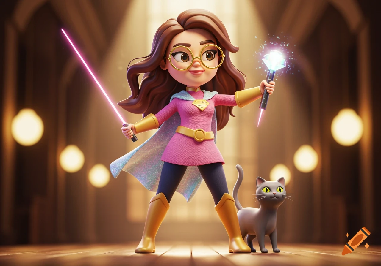 A 3D cartoon superheroine with brown hair and glasses, wearing a pink suit and cape, holding a laser pointer and a glowing scepter, with a grey cat beside her.