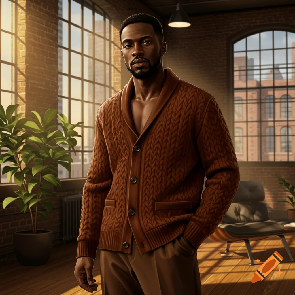 A photorealistic image of a stylish Black man in a brown knitted cardigan standing in a sunlit loft apartment.