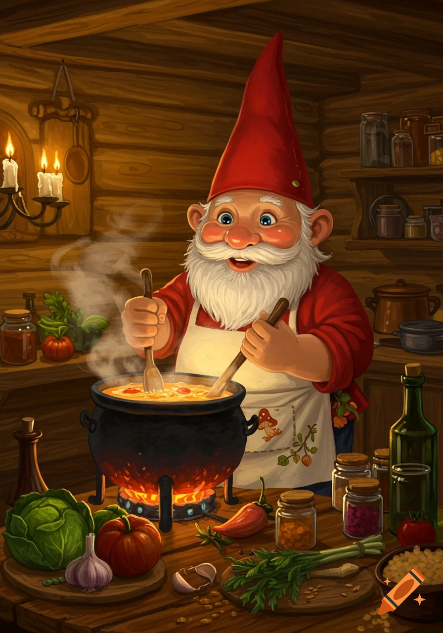 A cheerful gnome wearing a red hat and white apron stirs a pot of soup over a fire in a rustic wooden kitchen, surrounded by vegetables and spices.