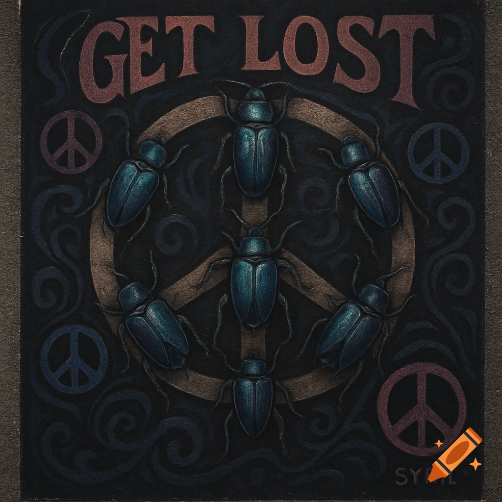 A dark, artistic illustration with blue-green beetles forming a peace sign, surrounded by swirls and peace symbols. 'GET LOST' is at the top, 'SYRIL' at the bottom.