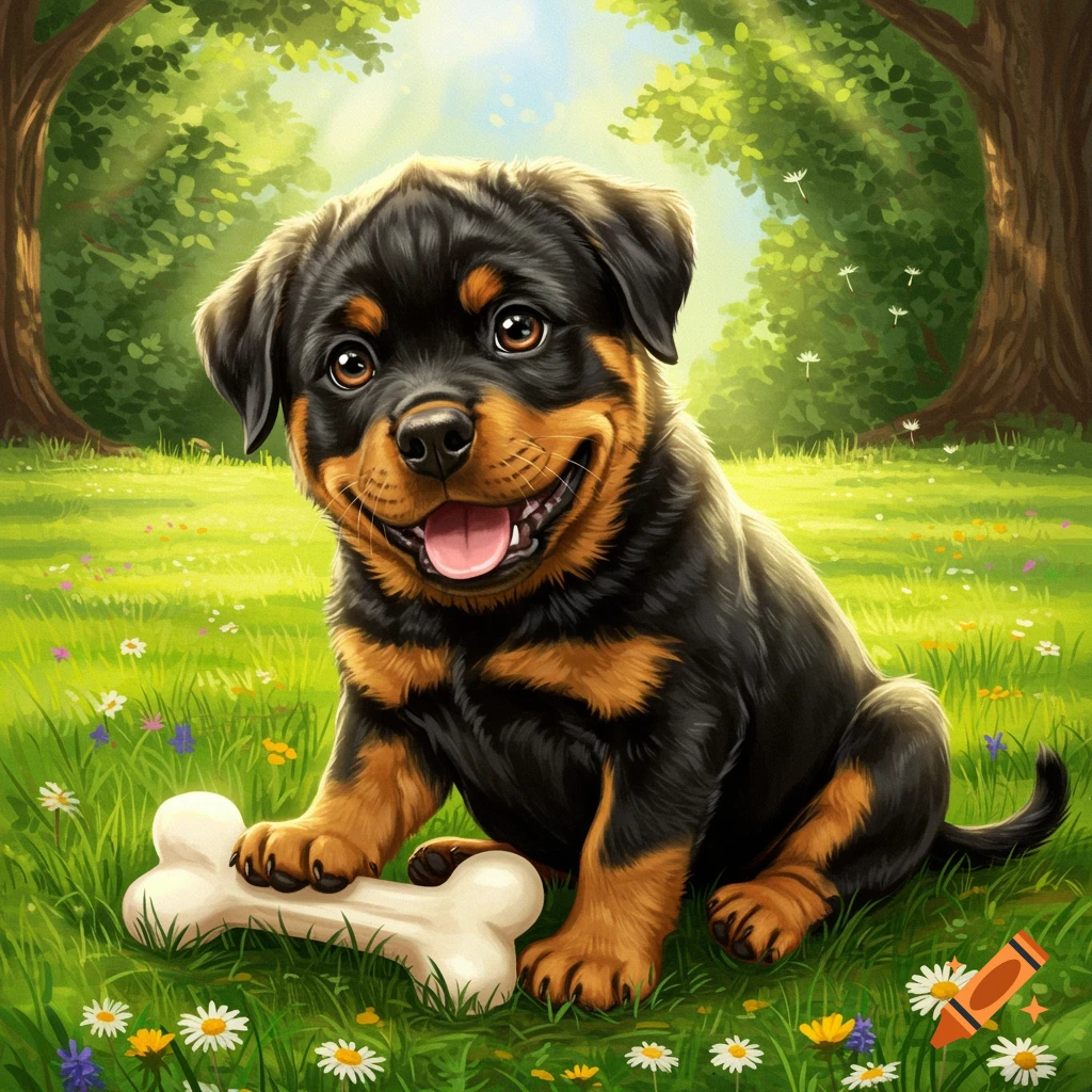 A cute Rottweiler puppy sits in a sunny grassy field with a bone, surrounded by trees and flowers, digital painting.