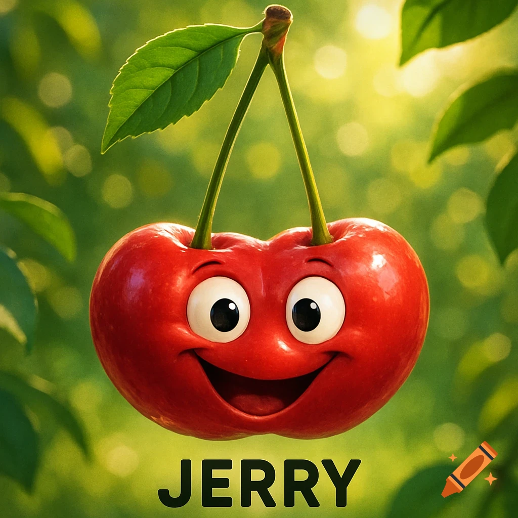 A cartoon red cherry with a smiling face and big eyes, with the name "JERRY" in bold letters below it, against a blurred green background.