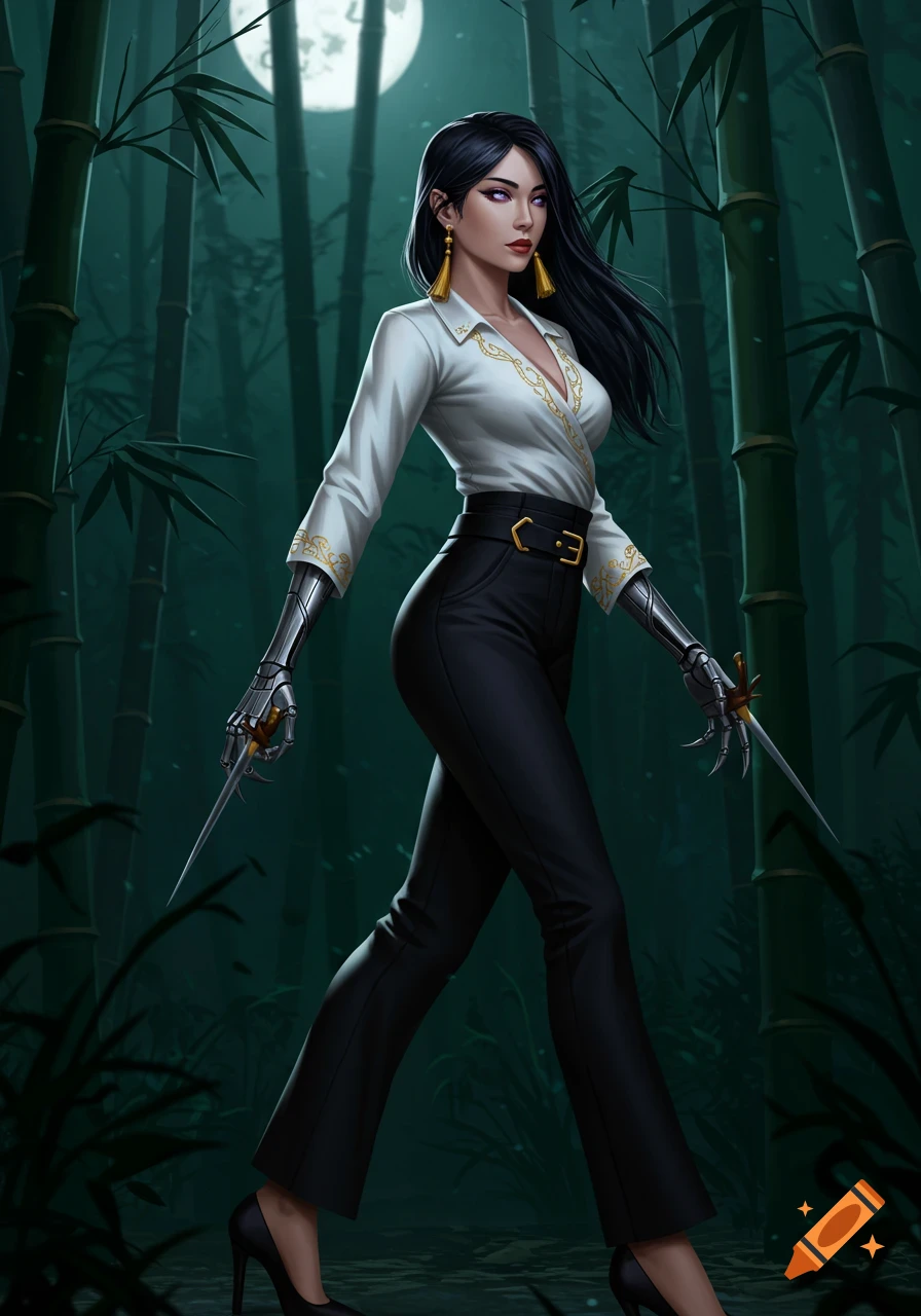 An android assassin as a woman with mechanical arms and daggers walks through a dark bamboo forest under a full moon.