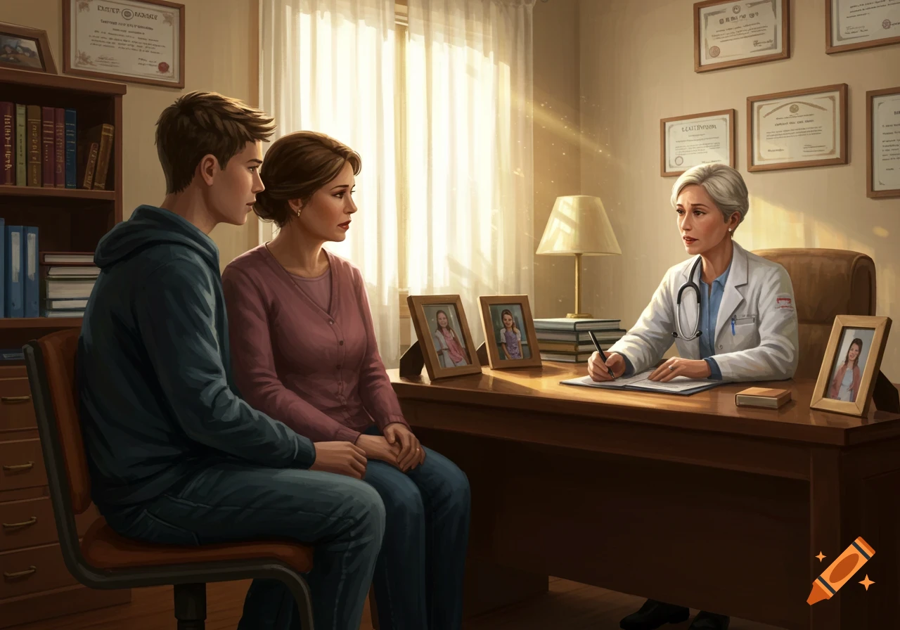 A teen son and his mother sit across from a female doctor at her desk in a sunlit office, engaged in a serious conversation.