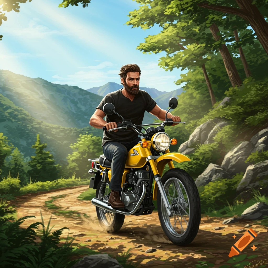 Bearded man in black shirt riding a yellow Honda motorcycle on a dirt path through a sunny, forested mountain landscape.