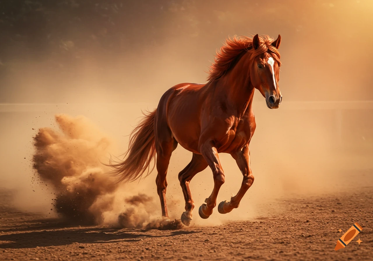A brown horse with a white blaze runs in a dusty arena, kicking up dirt.