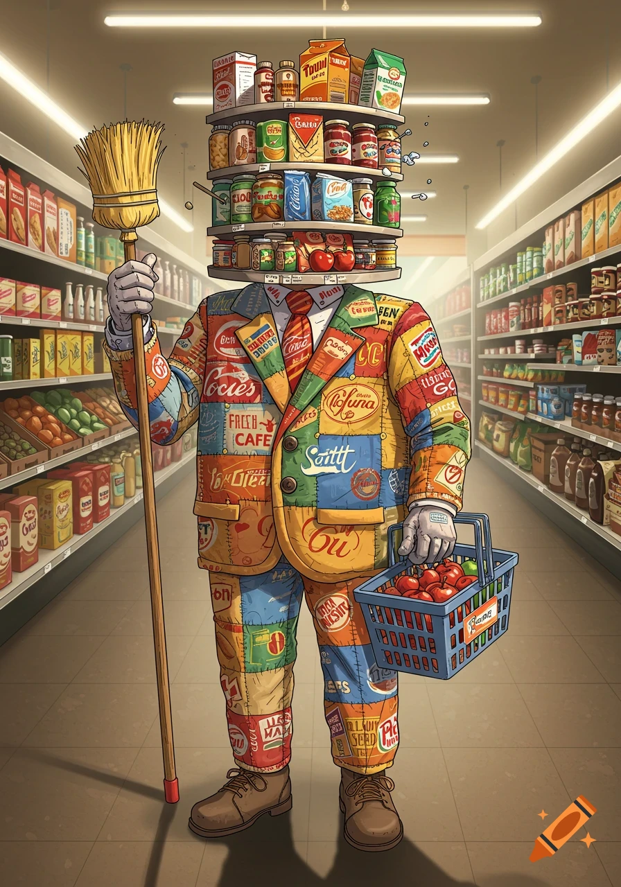 A surreal man made of grocery product labels and shelves, holding a broom and a shopping basket, standing in a supermarket aisle. Cartoon style.