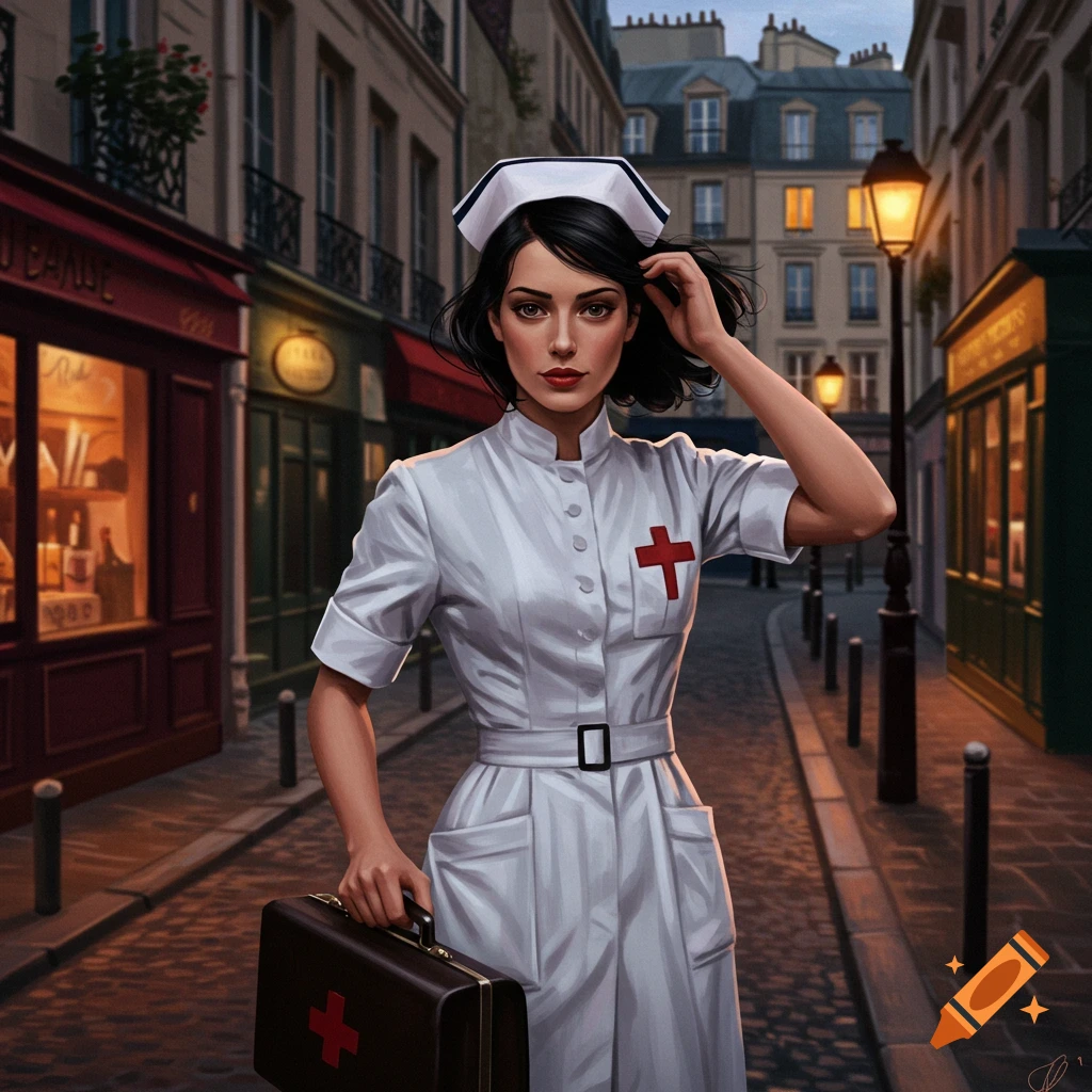 A nurse in a white uniform stands on a cobblestone street in a European city at dusk, holding a medical bag.