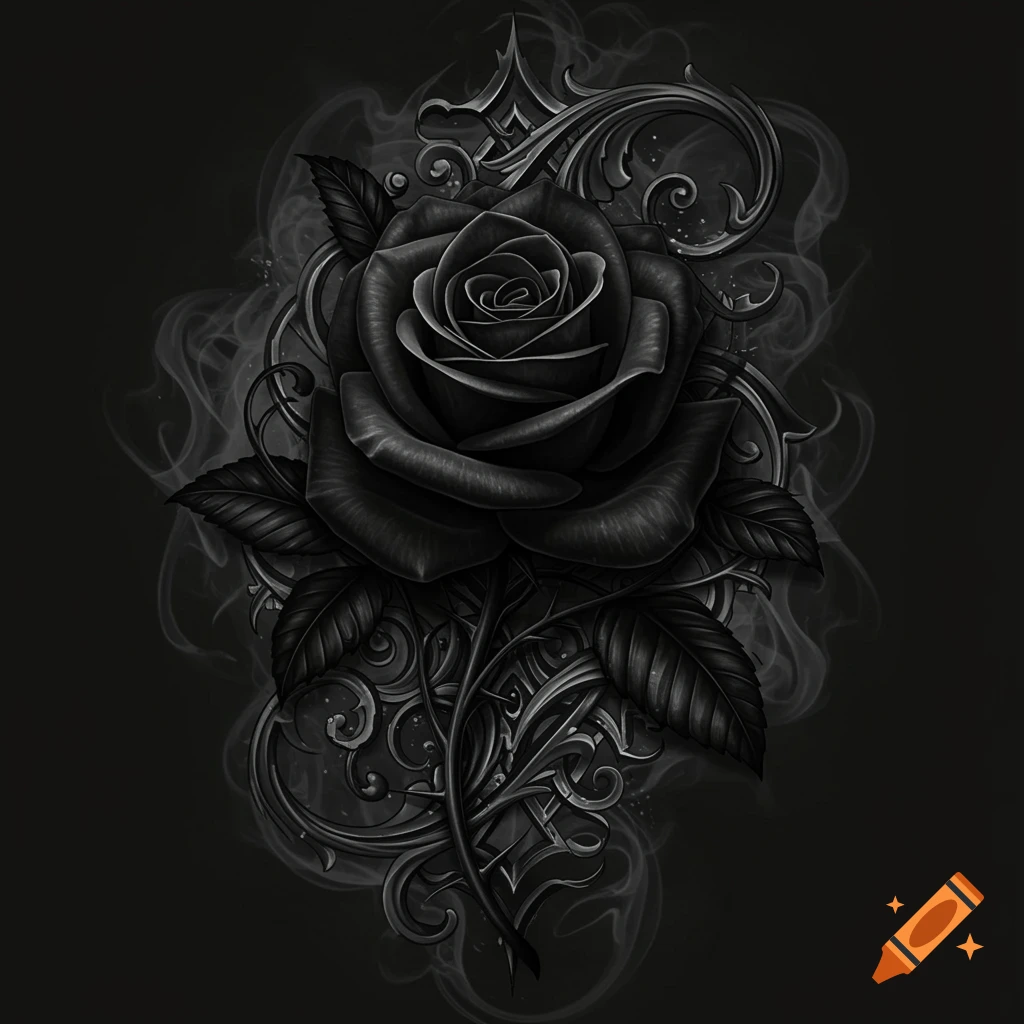 A detailed black rose tattoo design with ornate gothic filigree and wisps of smoke on a dark background.