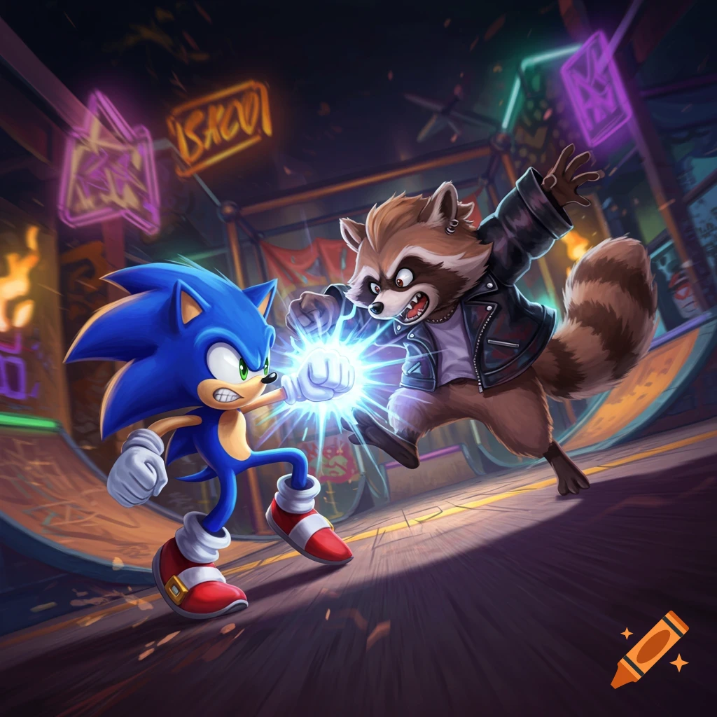Sonic the Hedgehog punches a raccoon-like character with a glowing fist in a neon-lit skate park.