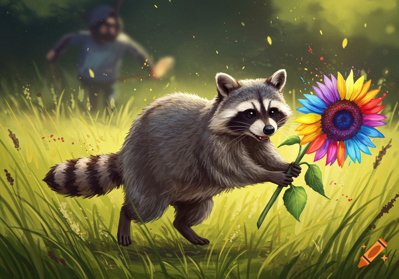 An illustrated raccoon runs through a grassy field, clutching a vibrant rainbow sunflower, with a blurry person chasing in the background.