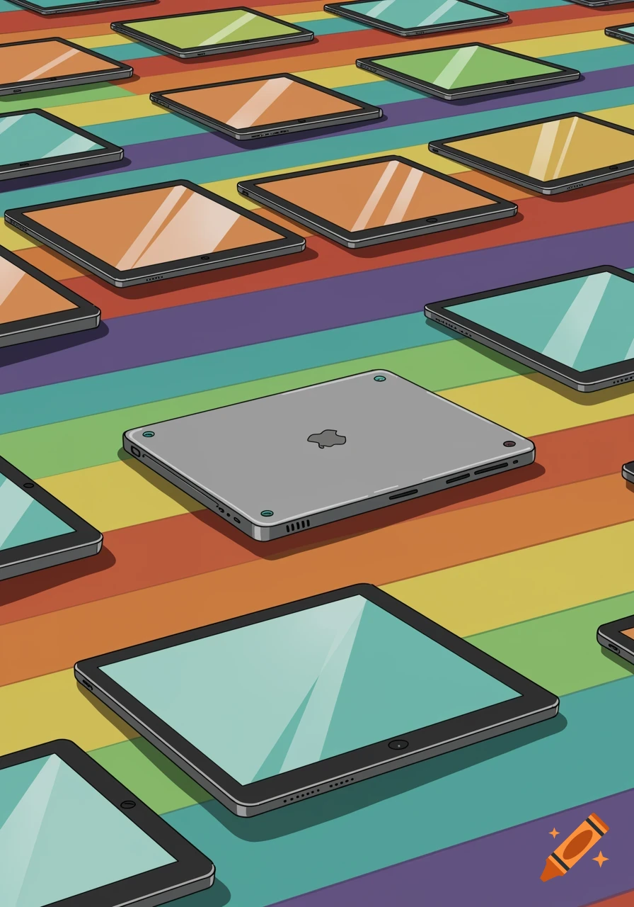 Cartoon style illustration of numerous tablets, including one with an Apple logo, laid out on a rainbow-striped surface.