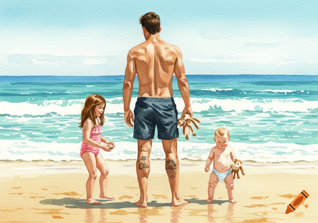 Watercolor painting of a father and his two daughters on a sandy beach, with ocean waves in the background.