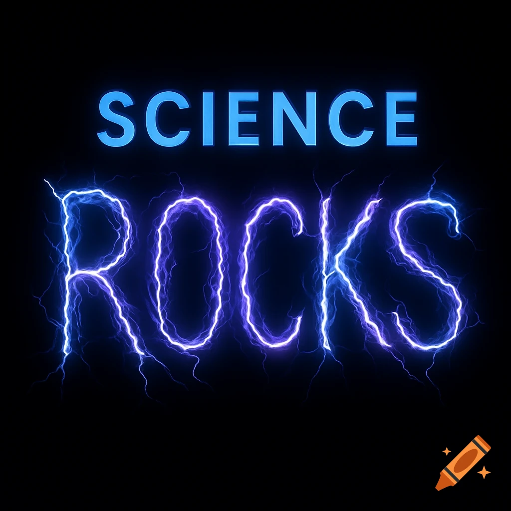 The words SCIENCE ROCKS, with ROCKS rendered as electric blue and purple lightning on a black background.