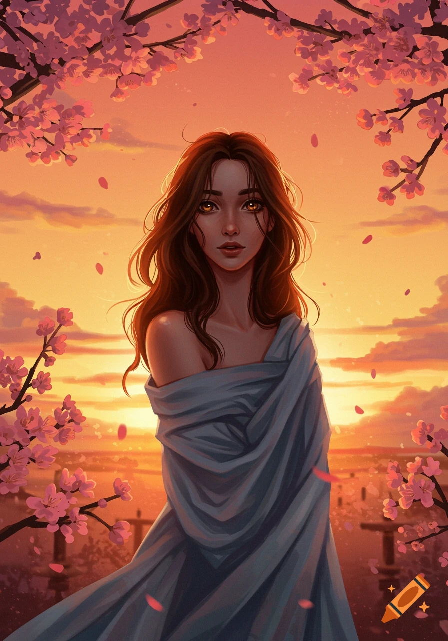 Stylized portrait of a woman with long hair among pink cherry blossoms against a sunset background.