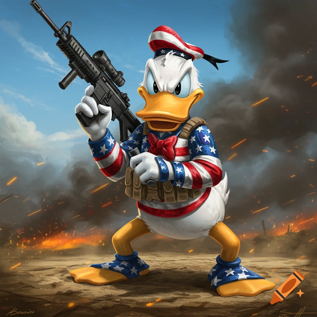 Angry Donald Duck in an American flag combat suit holds an assault rifle on a smoky battlefield.