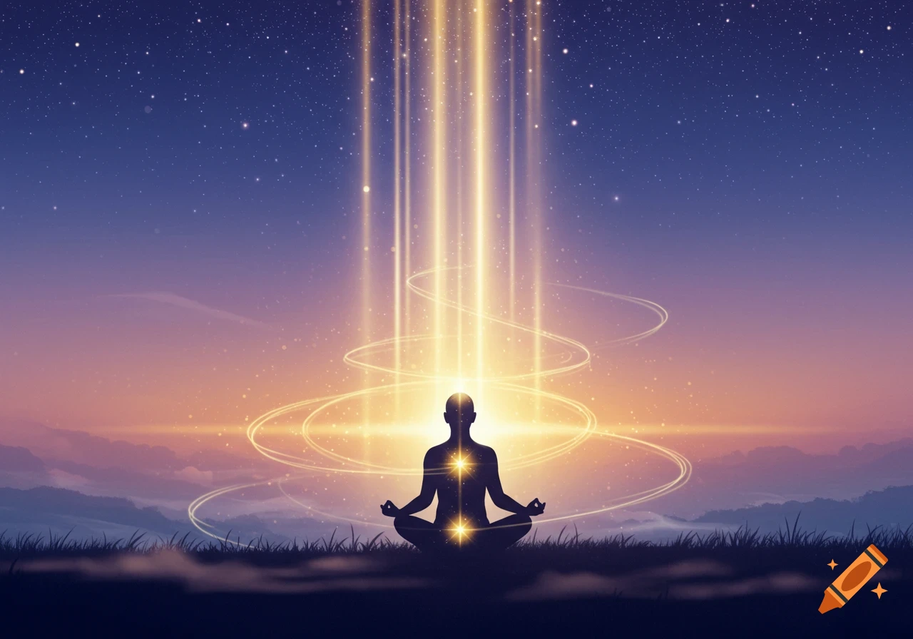 Silhouette of a person meditating under a starry dusk sky with glowing golden light beams and swirling energy.