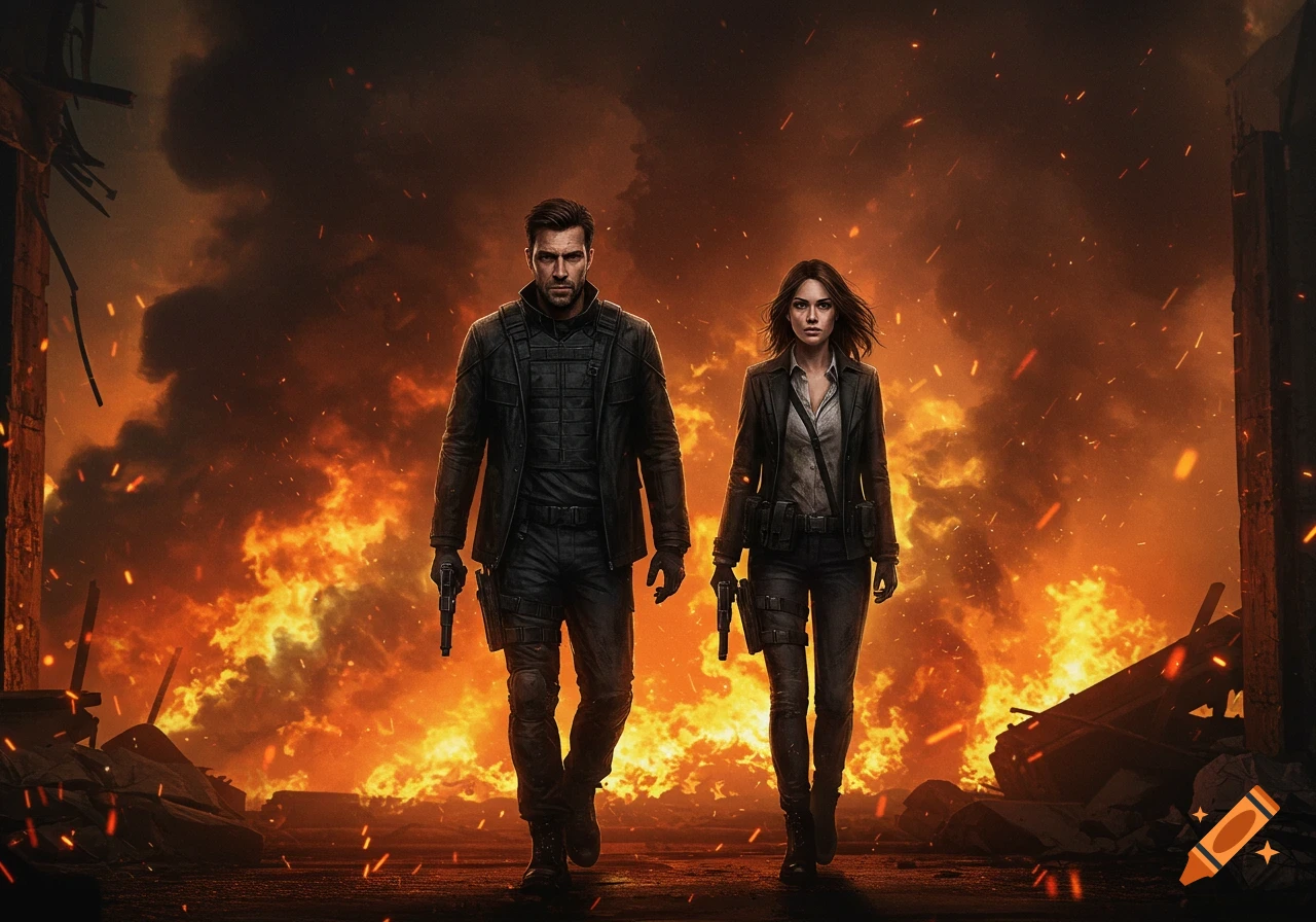 A male and female spy in tactical gear with pistols walk away from a collapsed, burning building under a smoke-filled sky.