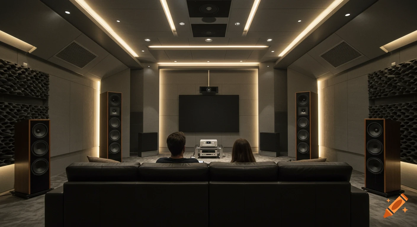 A couple sits on a black sofa, backs to the viewer, in a modern, illuminated home theater with large speakers and a blank screen.