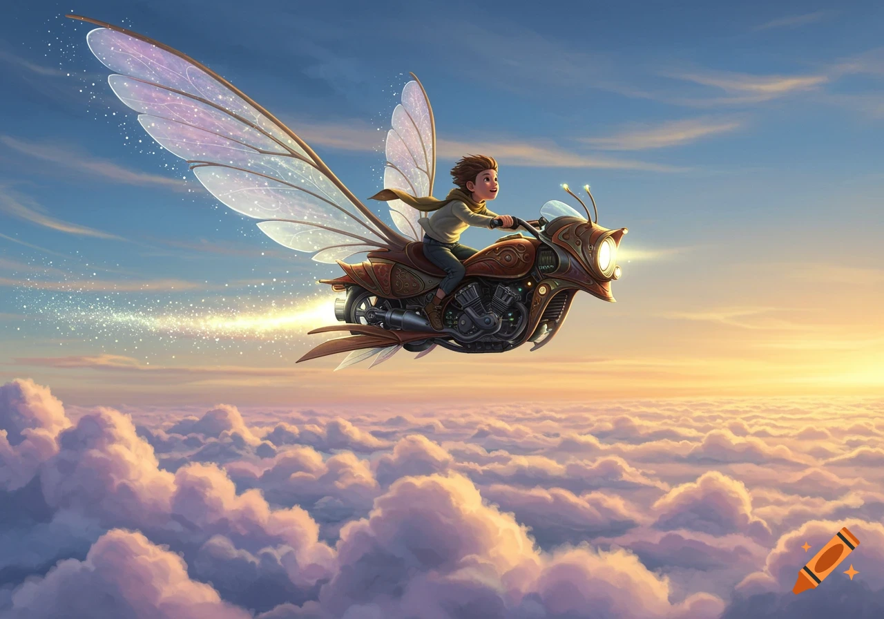 A young boy rides a fantastical steampunk-style flying motorbike with glowing insectoid wings above a sea of clouds at sunset.