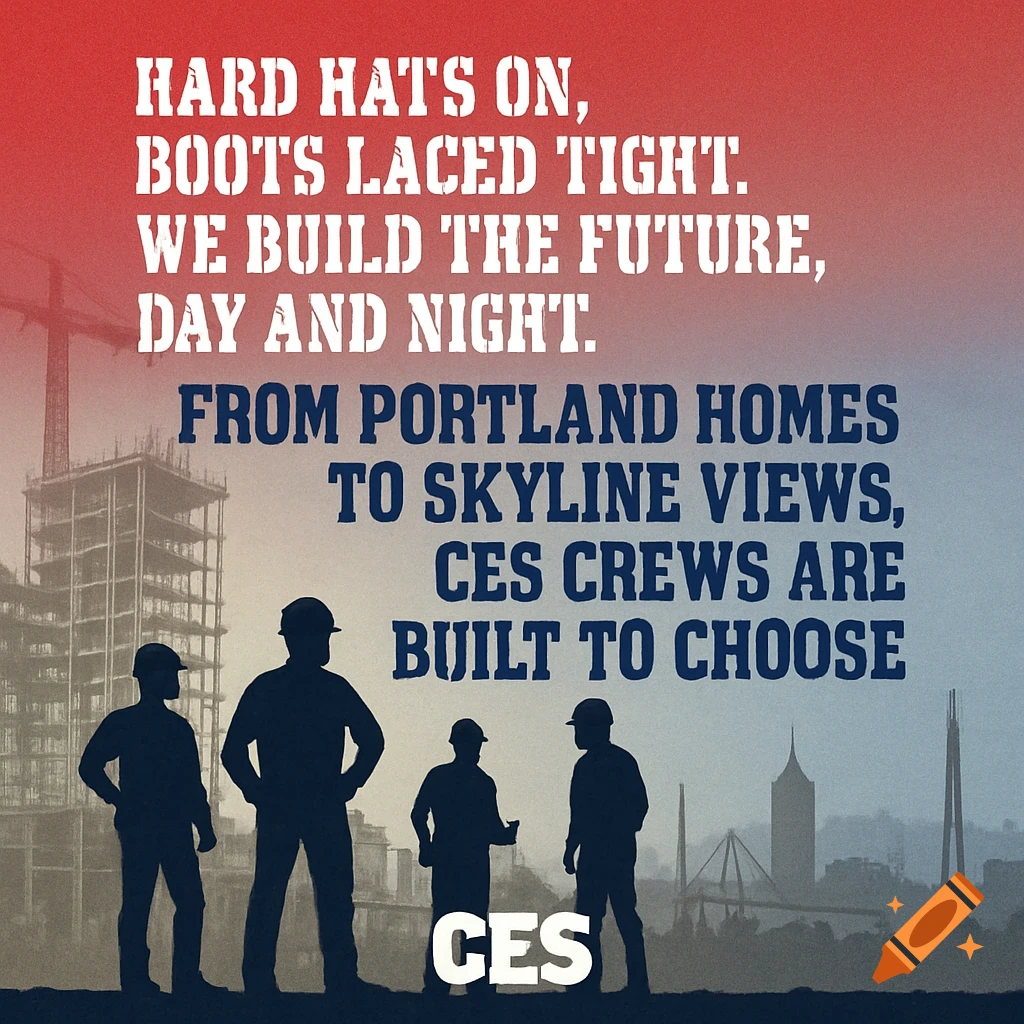 A patriotic red, white, and blue gradient background features silhouetted construction workers against a building site and city skyline, with bold white and blue text promoting building and CES crews.