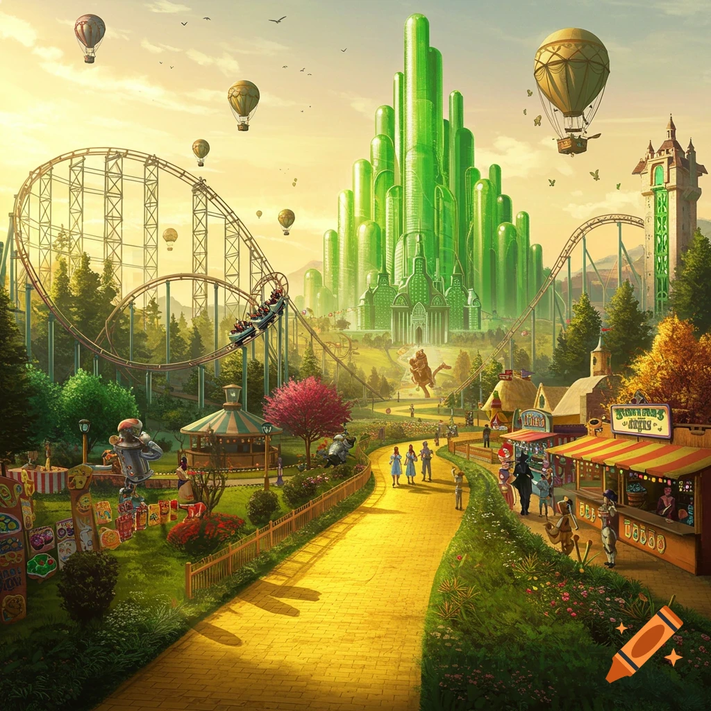 A vibrant theme park with a yellow brick road leading to a towering green city, featuring a roller coaster, hot air balloons, and various attractions.
