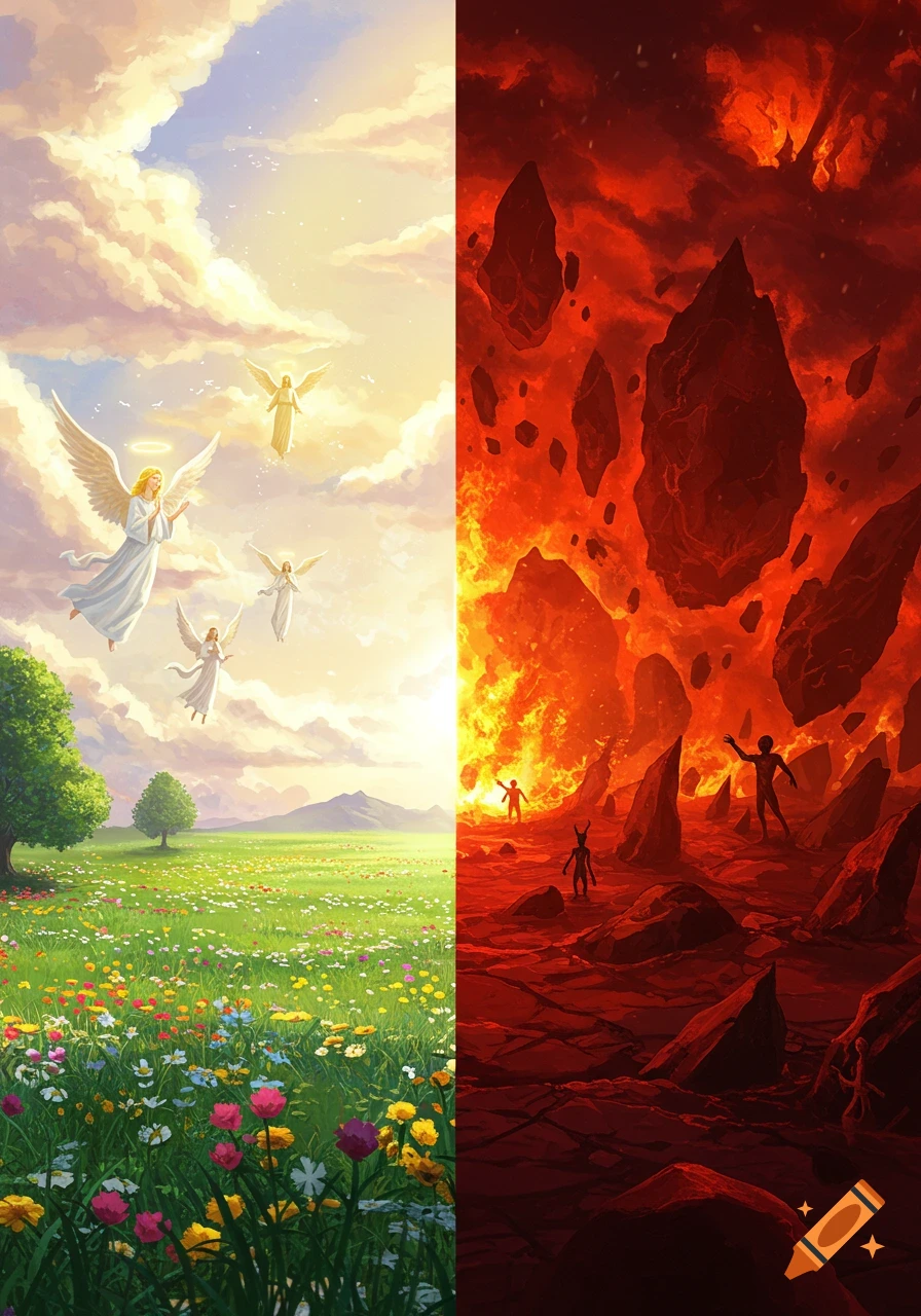 Split image showing Heaven with angels and a green field on the left, and Hell with fire and demons on the right.