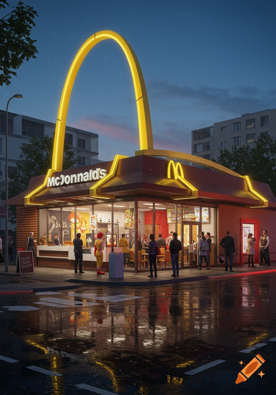 A photorealistic image of a McDonald's restaurant at dusk, with its Golden Arches lit up, on a wet city street with people outside.