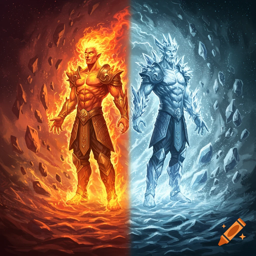 A powerful fire elemental warrior and an ice elemental warrior stand side-by-side against a split background.