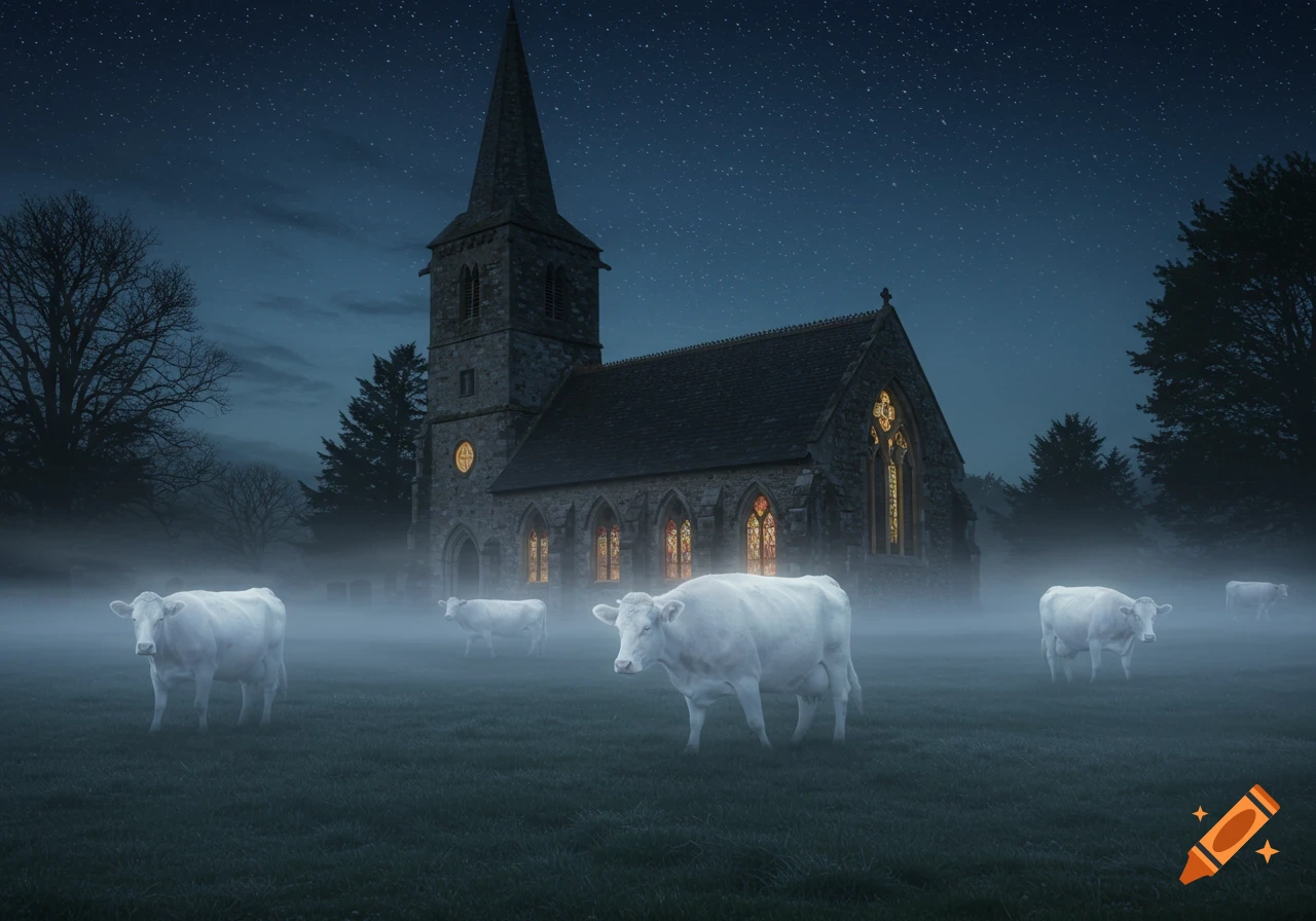 A ghostly herd of white cows stands in a foggy field in front of an old stone church at night under a starry sky.