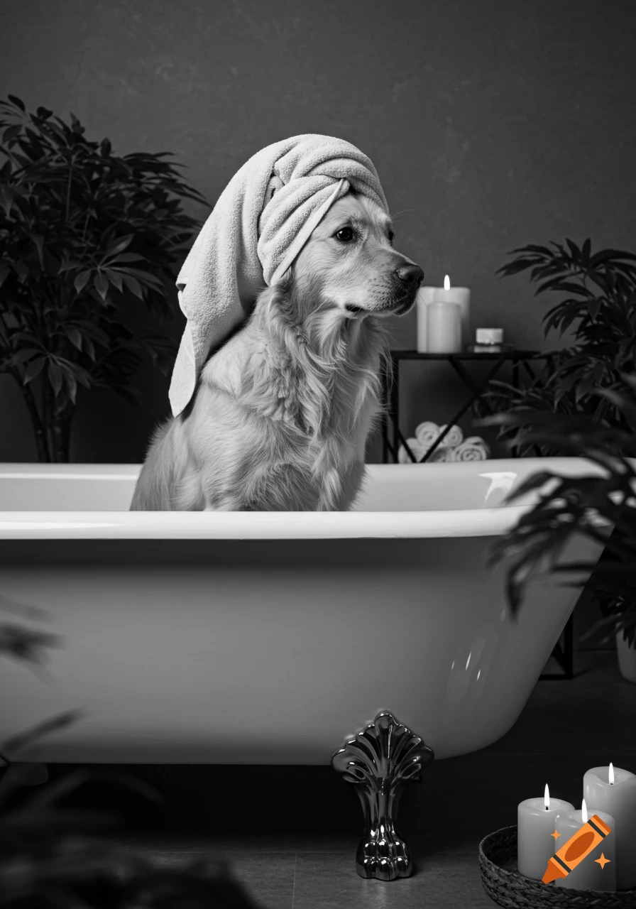 Photorealistic black and white image of a Golden Retriever in a bathtub with a towel on its head, in a spa-like bathroom.