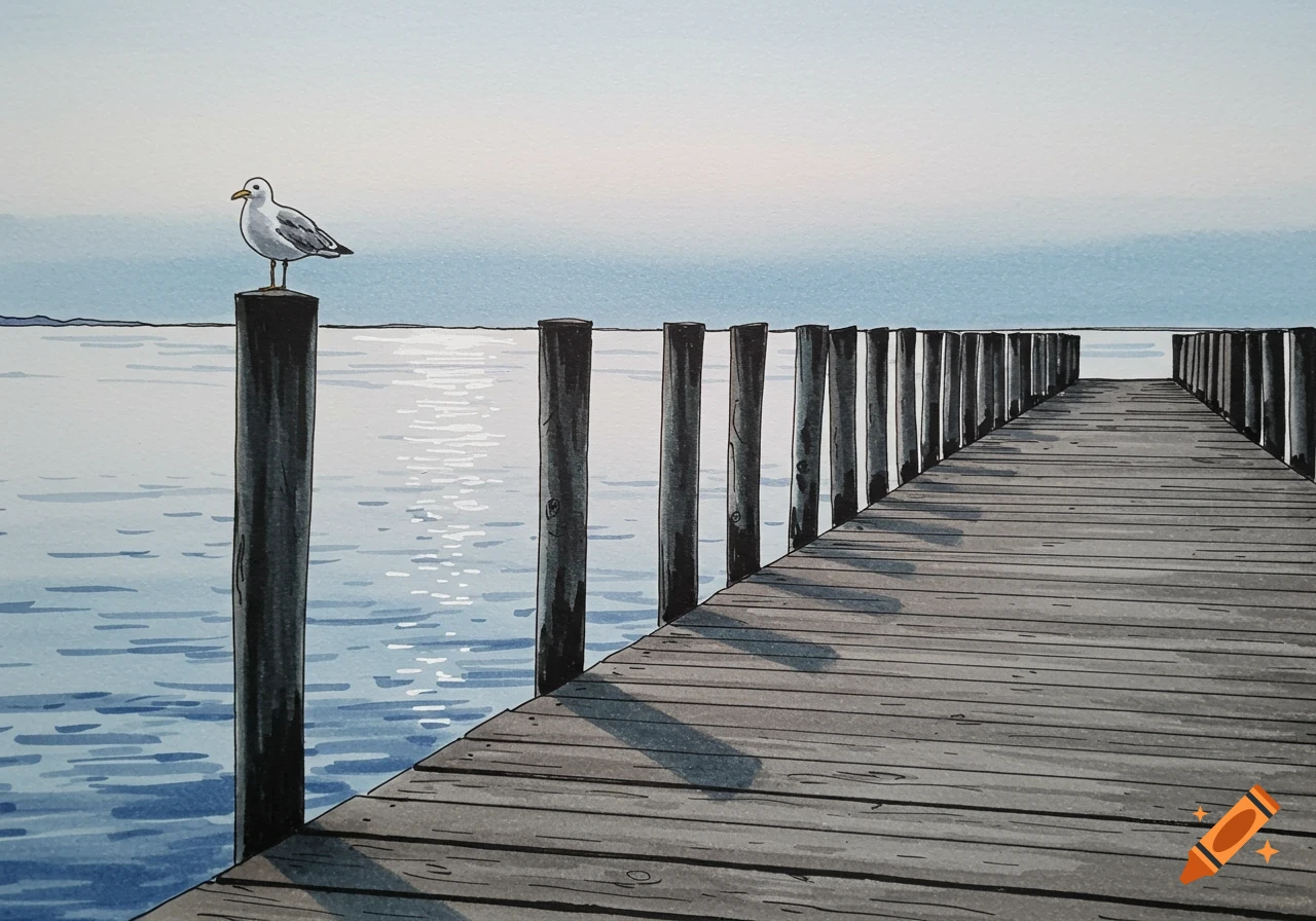 A marker drawing of a seagull perched on a wooden post on a dock stretching into calm water under a clear sky.