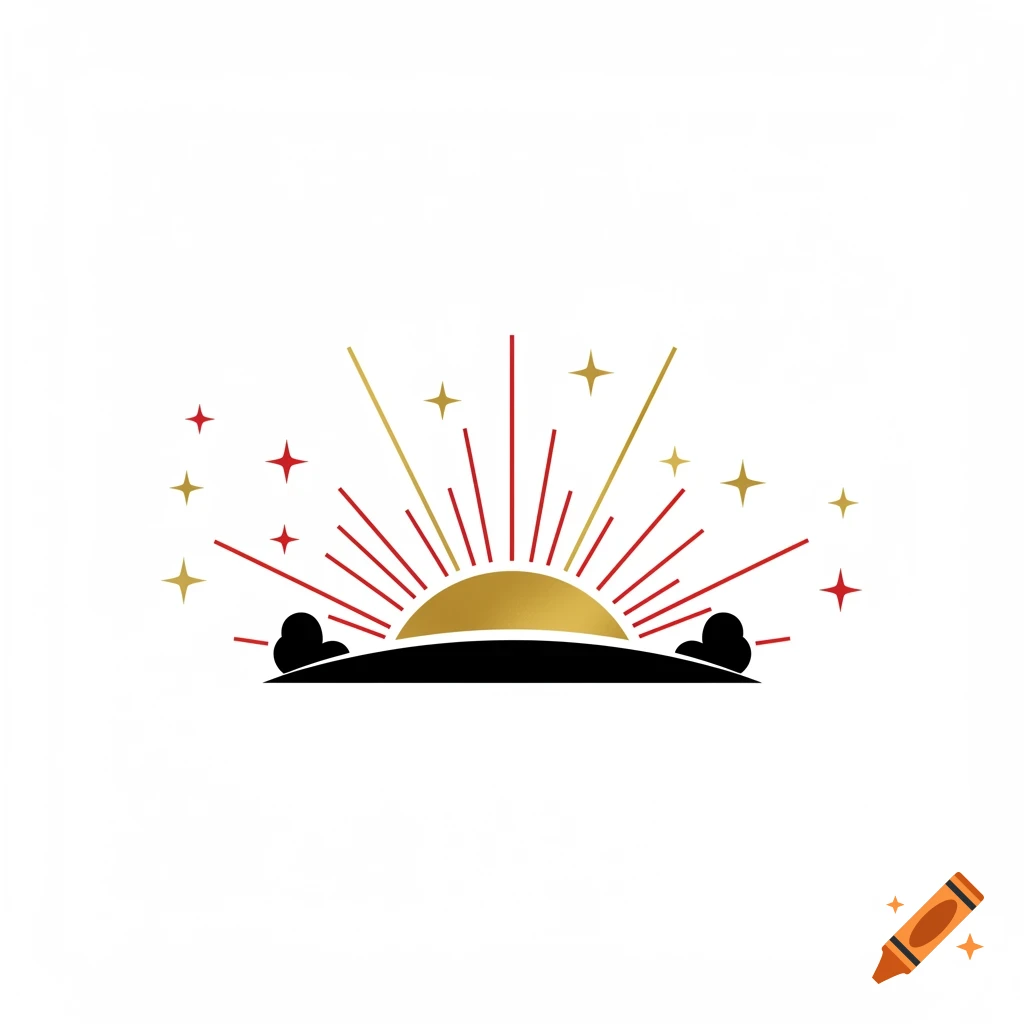 A stylized golden sun rising above a black horizon with red and gold rays and stars on a white background.