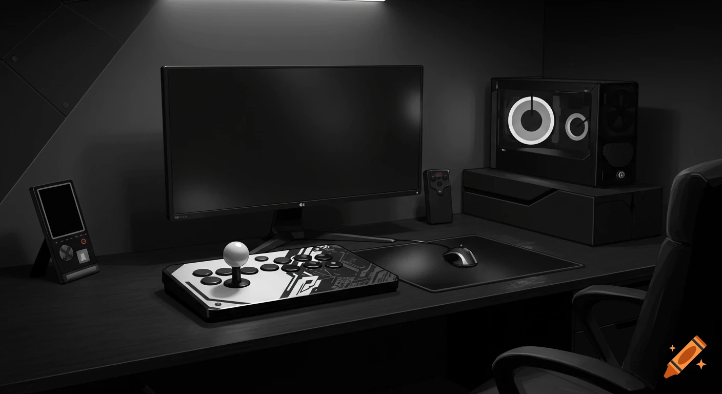 Minimalist black and white gaming setup with a widescreen monitor, arcade stick, PC tower, and an office chair.