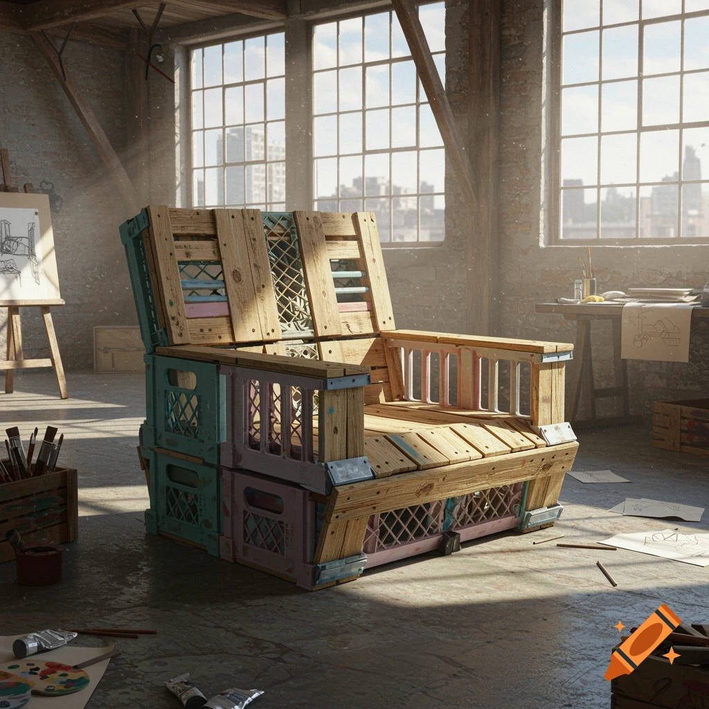 A photorealistic image of a unique chair crafted from wood and colorful milk crates, bathed in sunlight in an industrial artist's loft.