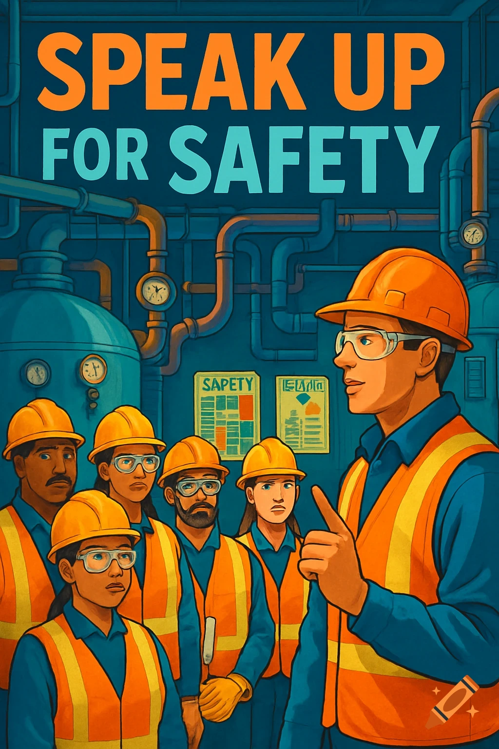 An illustration of workers in a boiler room wearing PPE, one person speaking to a group. Above them is a bold sign reading "SPEAK UP FOR SAFETY."