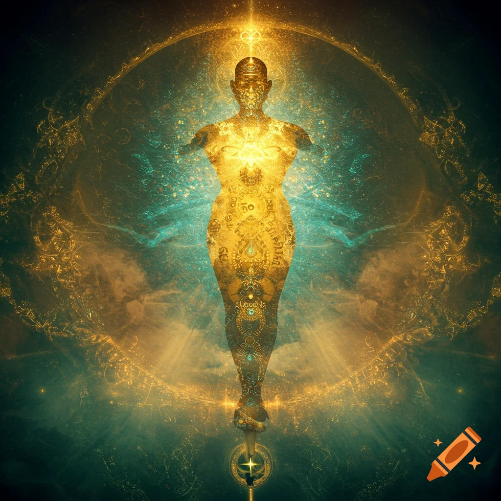 A glowing golden figure with intricate patterns stands against a swirling teal and gold mystical background, radiating light.