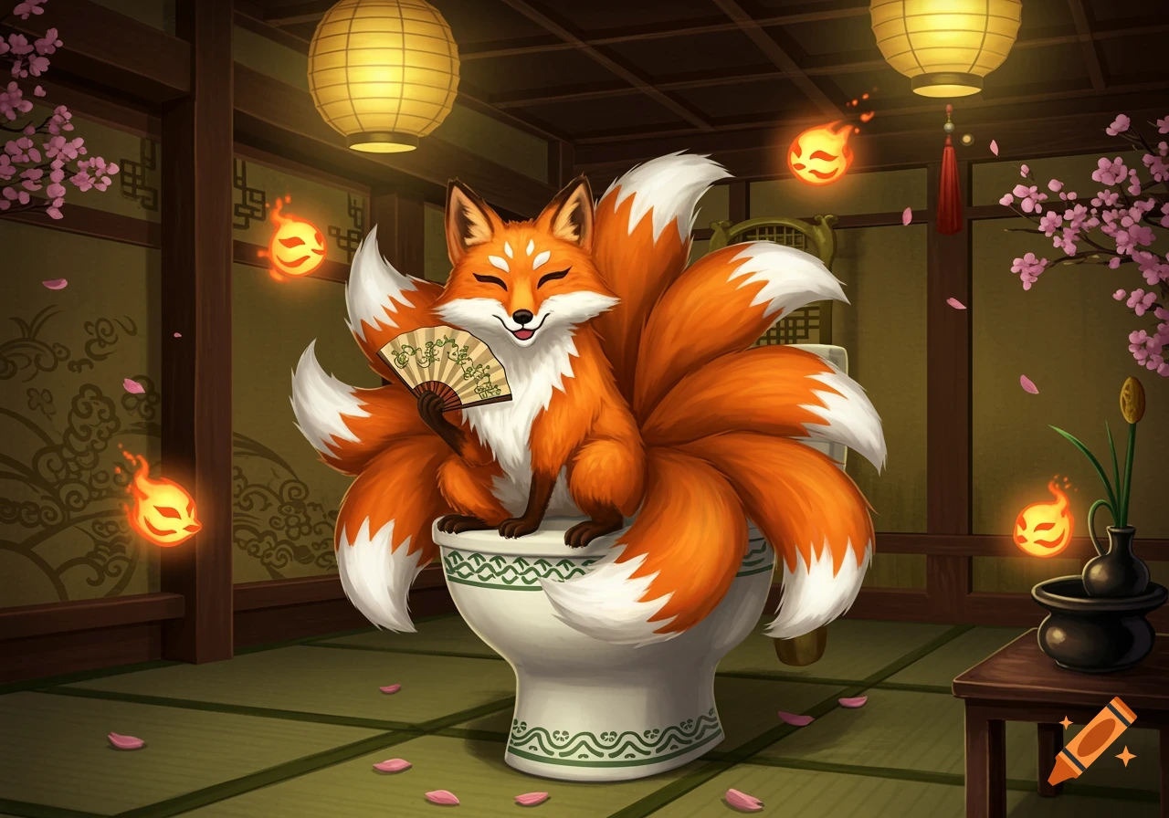A smiling kitsune with nine tails sits on a toilet, holding a fan, in a traditional Japanese room with lanterns and cherry blossoms.