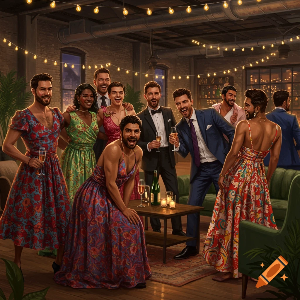 Diverse men in dresses and suits socialize at a lively indoor party with string lights.
