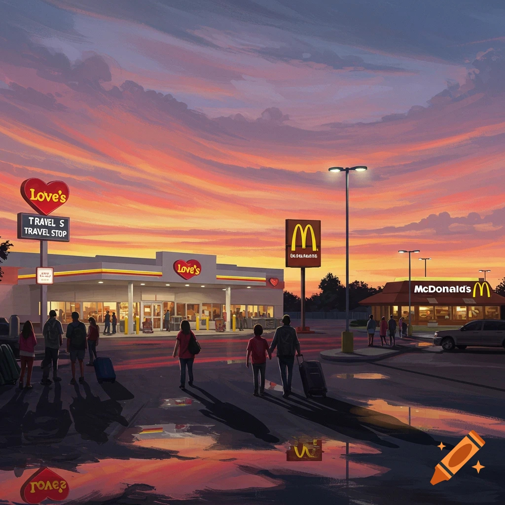 A stylized painting of a Love's travel stop and a McDonald's restaurant under a vibrant sunset sky. People walk across the wet parking lot.