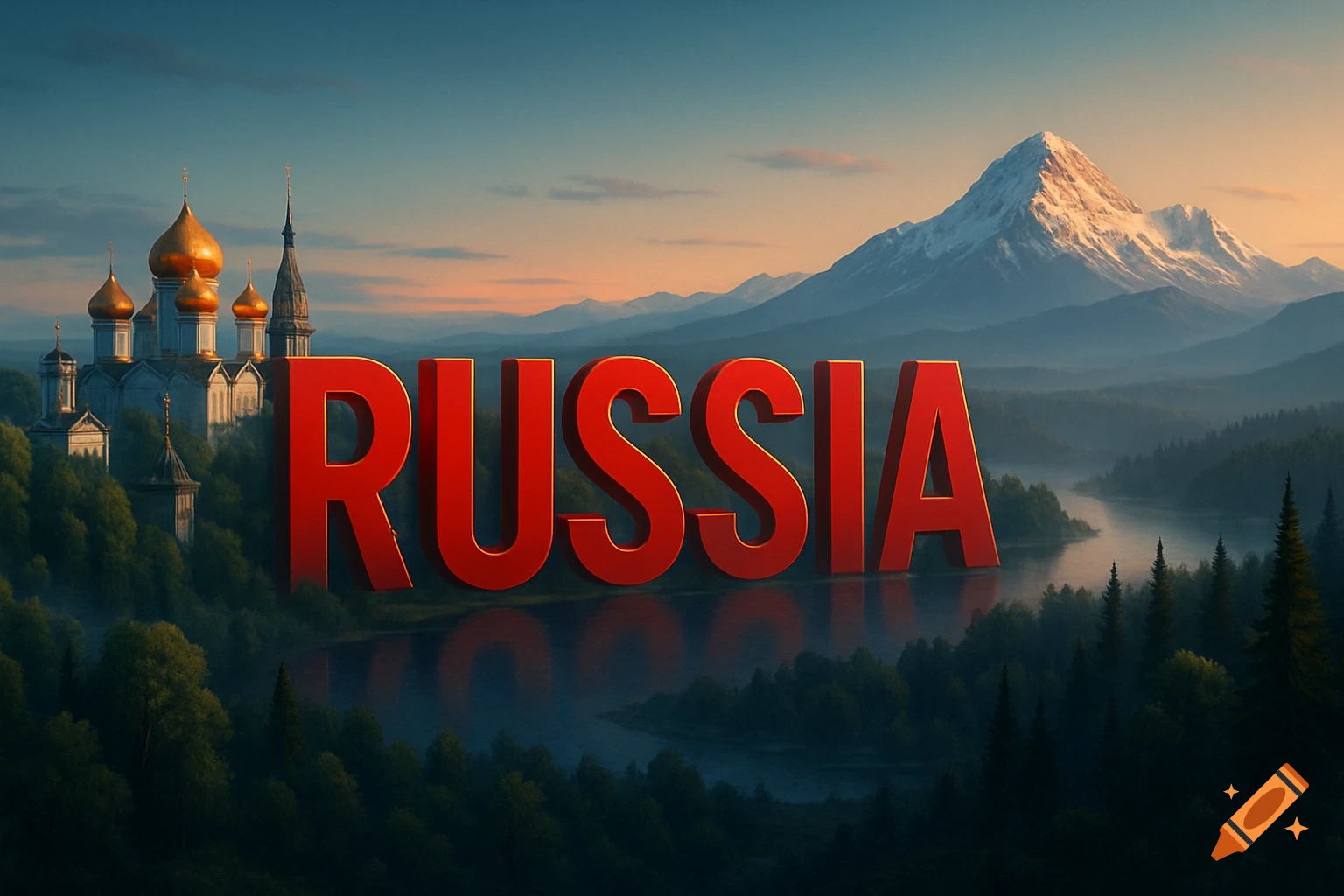 Scenic landscape with a golden-domed church, snowy mountains, and a river, featuring large red 3D text 'RUSSIA' in the center.