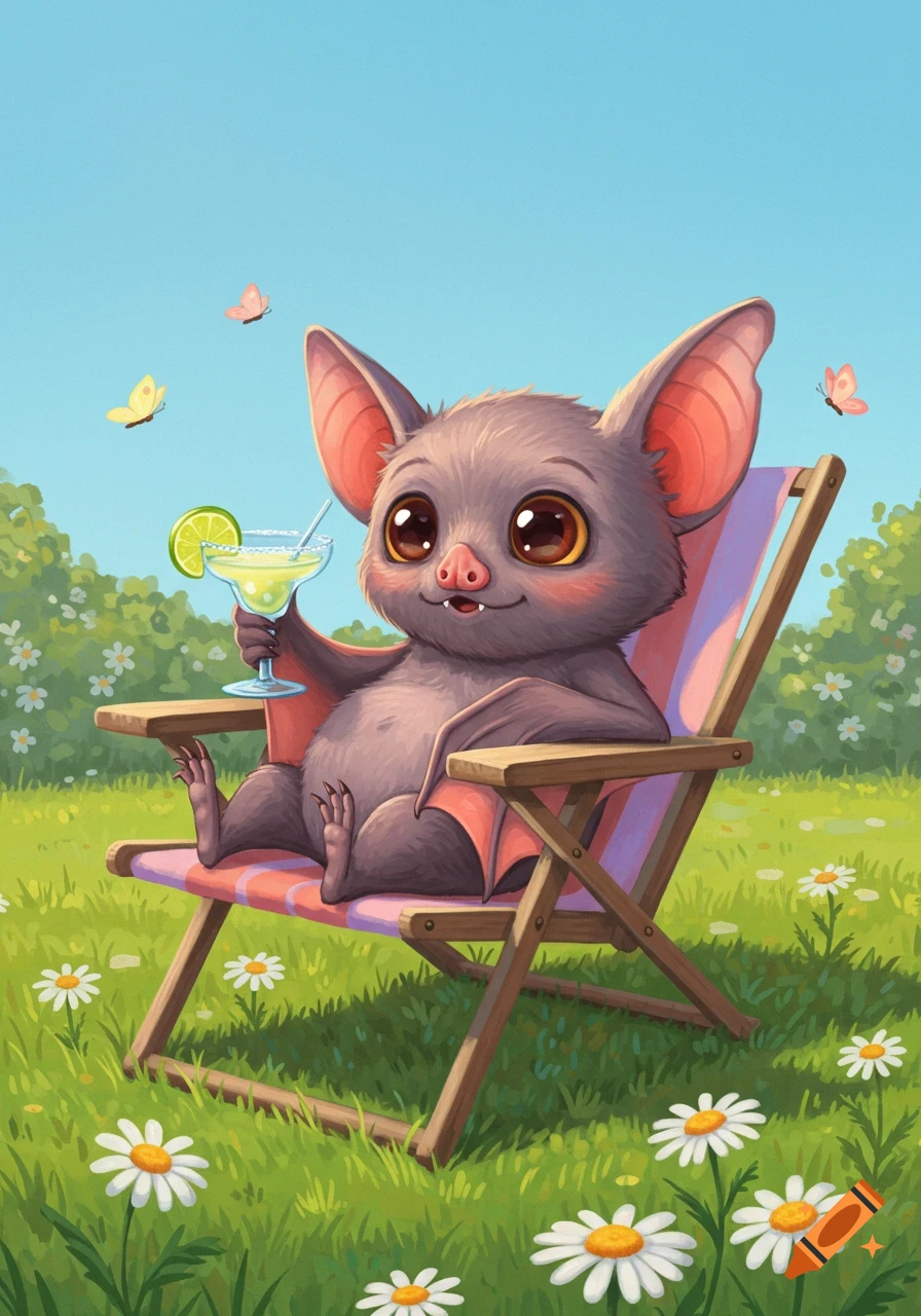 A cute cartoon bat sits in a striped lawn chair in a sunny field with daisies, holding a margarita.