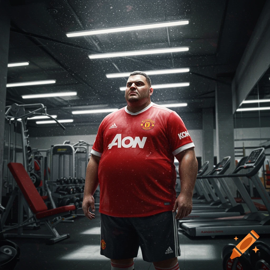 A large man in a red Manchester United jersey and black shorts stands confidently in a gym, with fitness equipment visible in the background.
