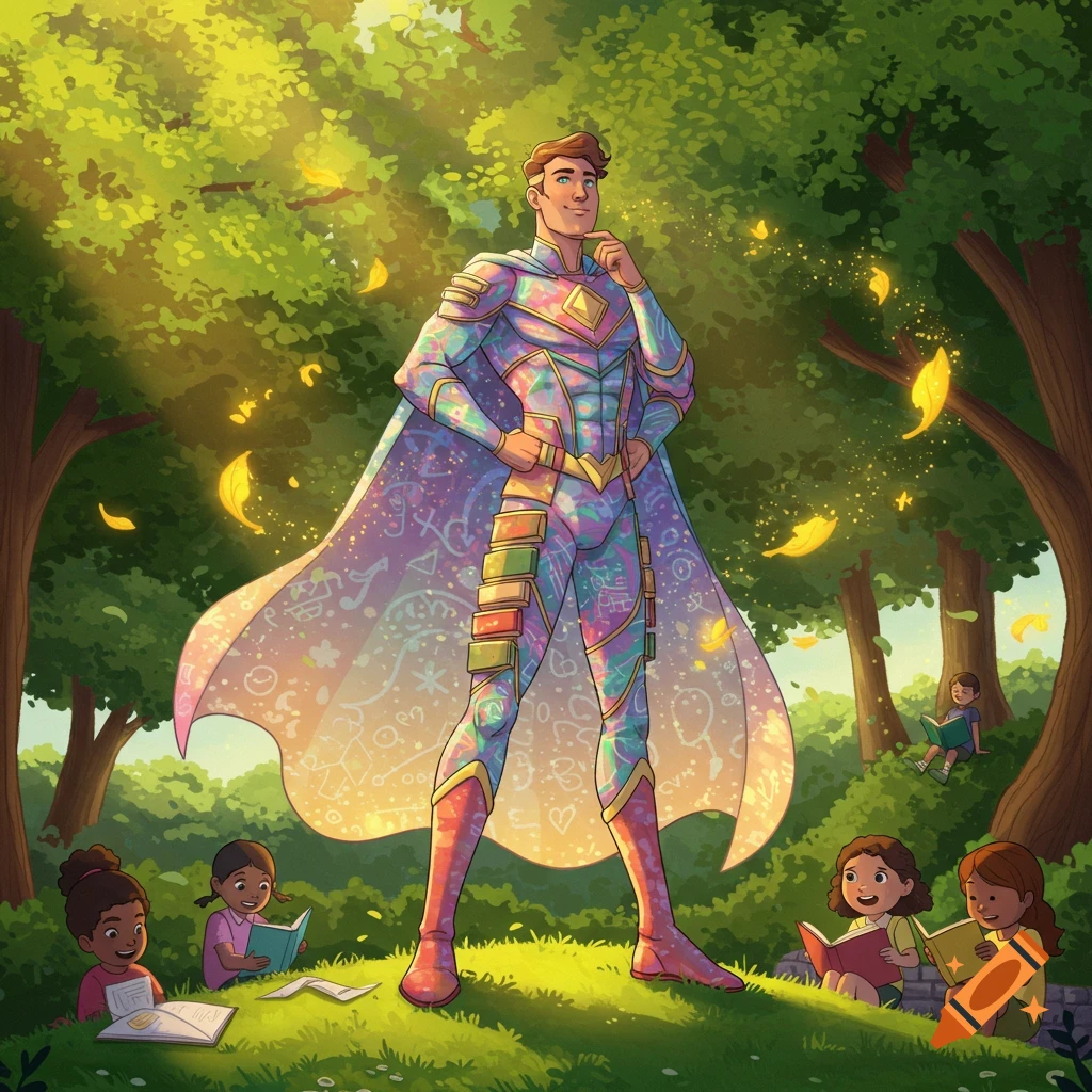 Colorful superhero educator in a magical suit stands in a sunlit park, surrounded by children reading books.
