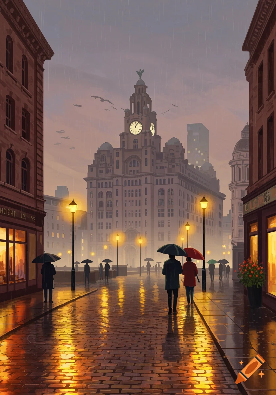 A digital painting of a rainy city street at dusk, with people holding umbrellas walking on wet cobblestones reflecting the glow of streetlights and shop windows. A large, ornate building with clocks dominates the background.