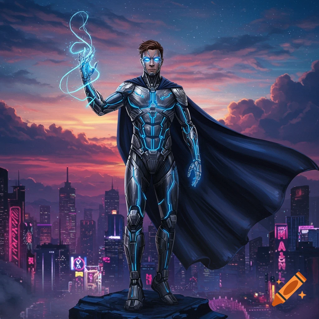 A male superhero in a sleek black and silver futuristic suit with glowing blue accents stands on a rock overlooking a vibrant city skyline at sunset, with blue energy swirling from his outstretched hand.