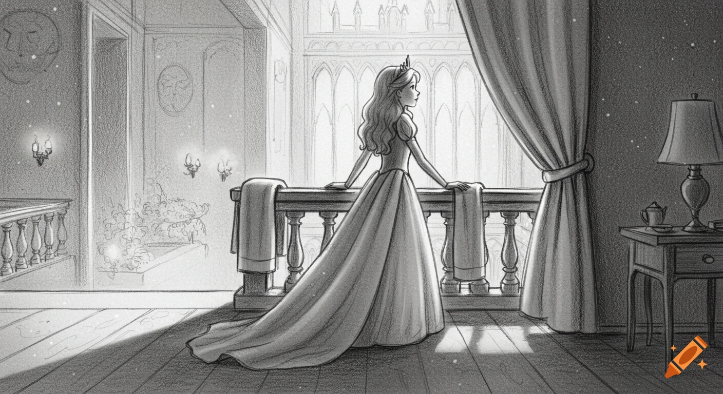 Sketch drawing of a princess standing on a castle balcony, looking out through tall windows.