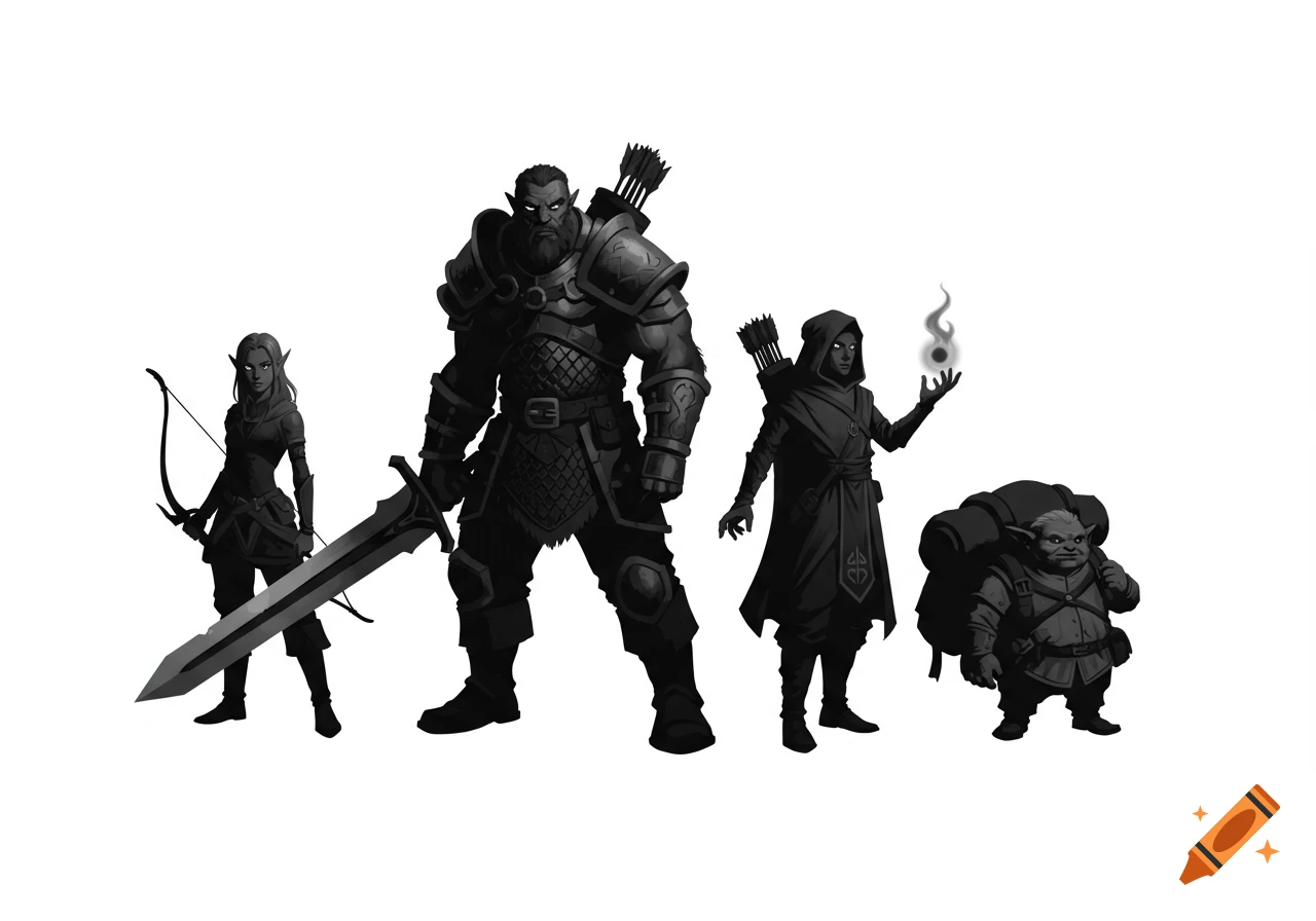 Black and white illustration of a fantasy adventure group: an elf, a warrior, a magic user, and a goblin-like character.