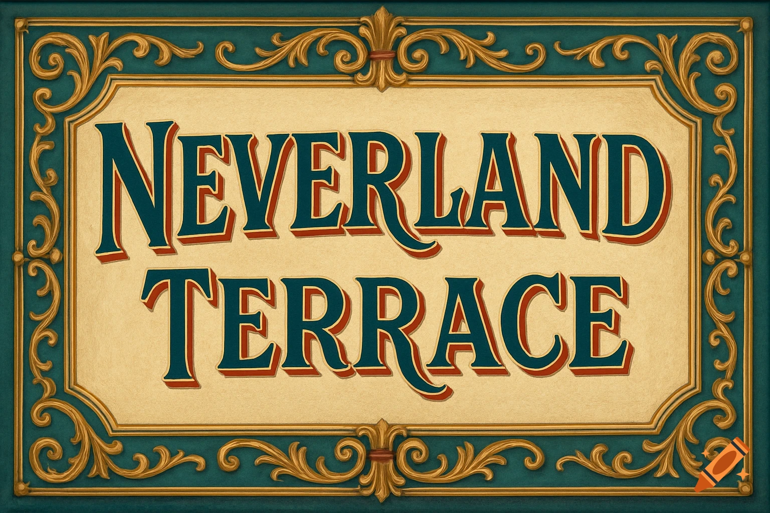 A rectangular vintage-style sign with an ornate gold and teal border, featuring the bold, dark teal text "NEVERLAND TERRACE" with red drop shadows on a cream background.