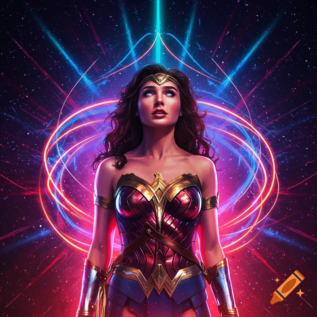 Wonder Woman in glowing armor looks up at neon rings and beams in a cosmic setting.